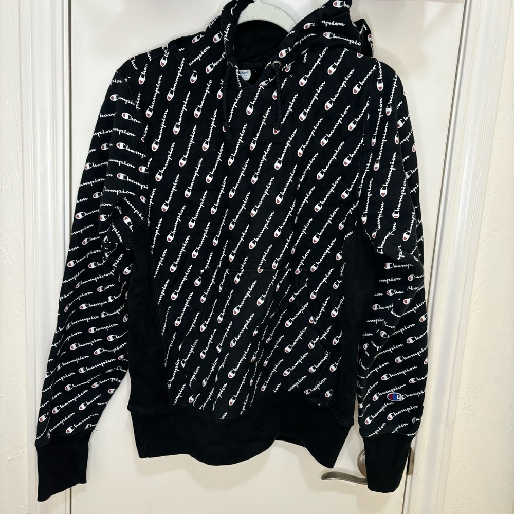 Champion Reverse Weave Hoodie Sweatshirt Men's Size Small S Black Logo Print